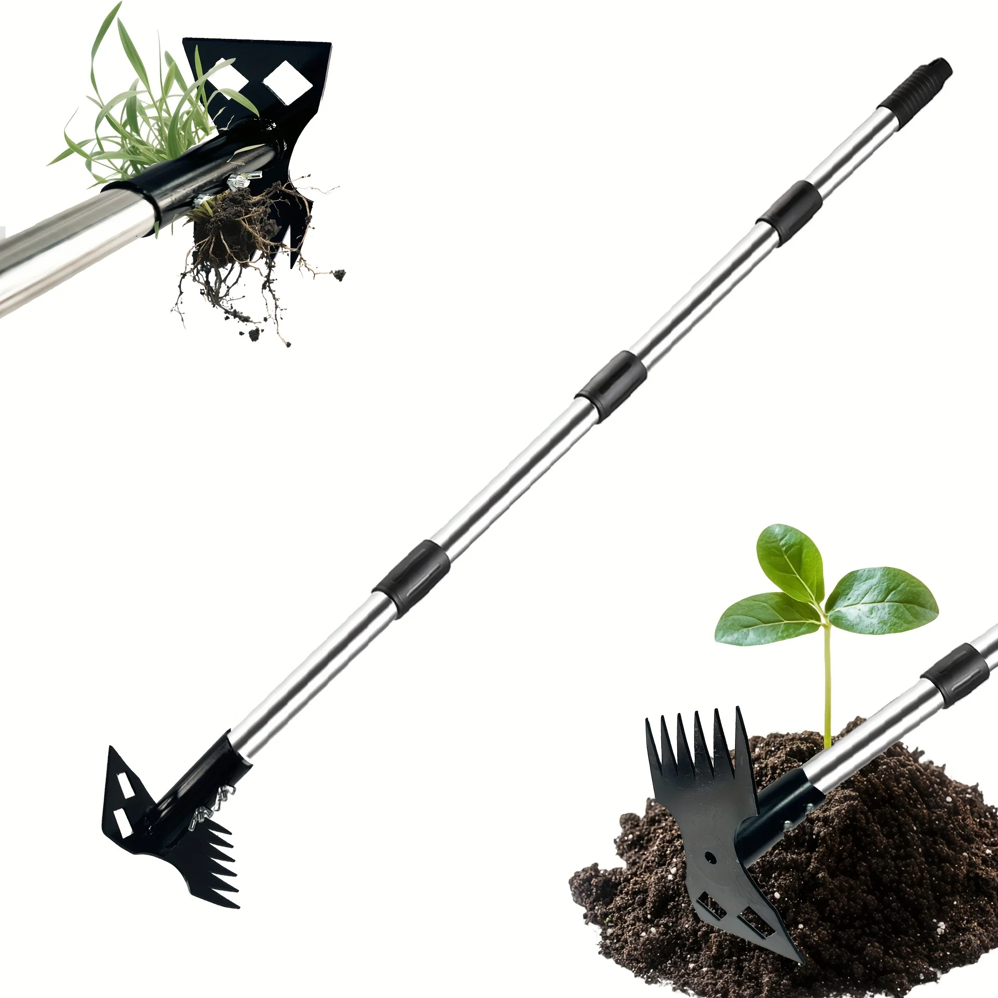 2-in-1 Weed Puller & Garden Hoe Tool - Heavy-Duty Metal Adjustable Long Handle (16.54-59.06inch) for Effortless Weed Removal, Soil Leveling & Yard Maintenance, Weed Removal Garden Tools No Bending, Sturdy Construction